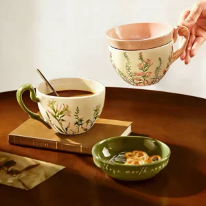 2pc Pink French style Jasmine Flower Ceramic Mug with Lid (Gift Box)