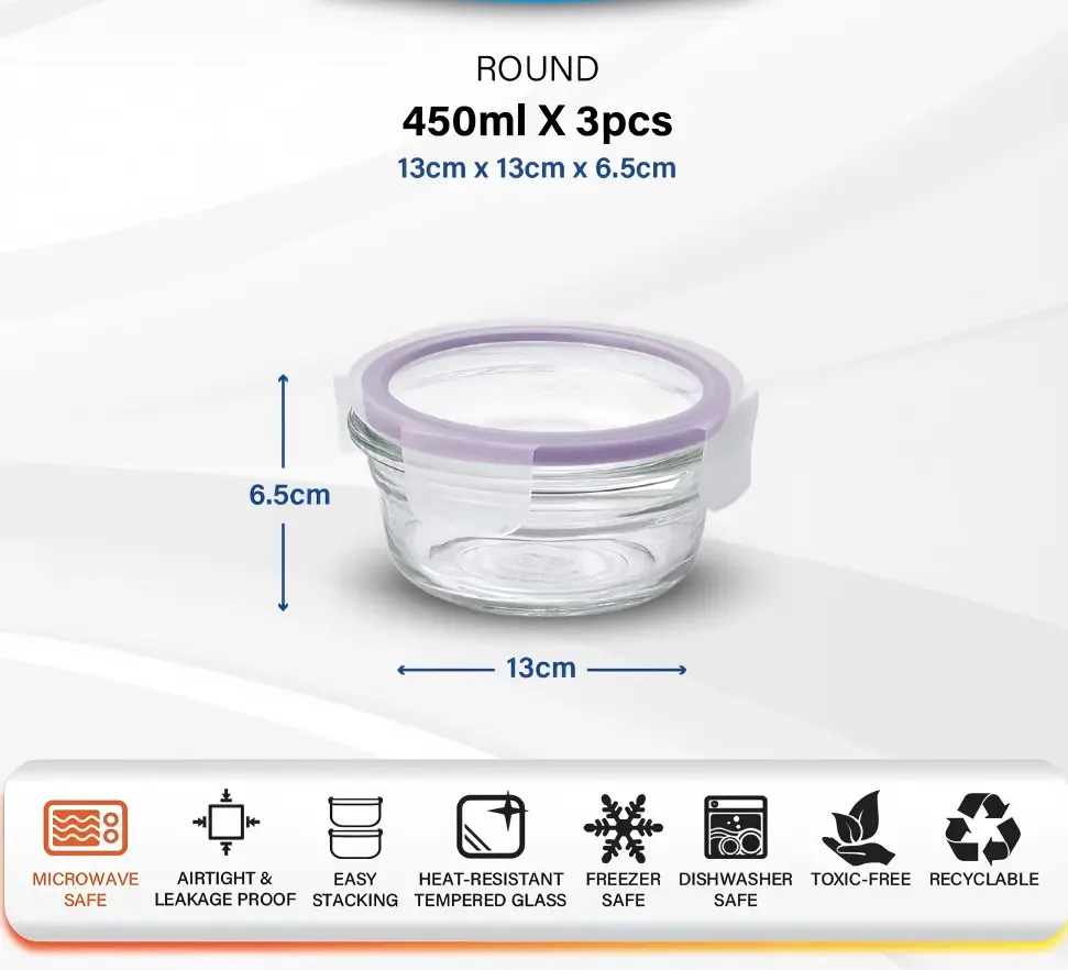 (Oven Safe) Airtight Food Container Round (3 Pcs/450ml) - Image 2