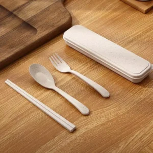 (100 PCS) Portable Wheat CutlerySet Travel Spoon Fork Chopstick Box