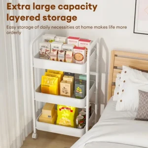 [100% Steel]WHITE Multilayer Trolley Movable Storage Rack With Wheels