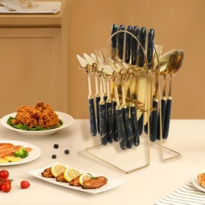 BLACK Cutlery Set 24 Pcs Premium With Gold Stand Holder
